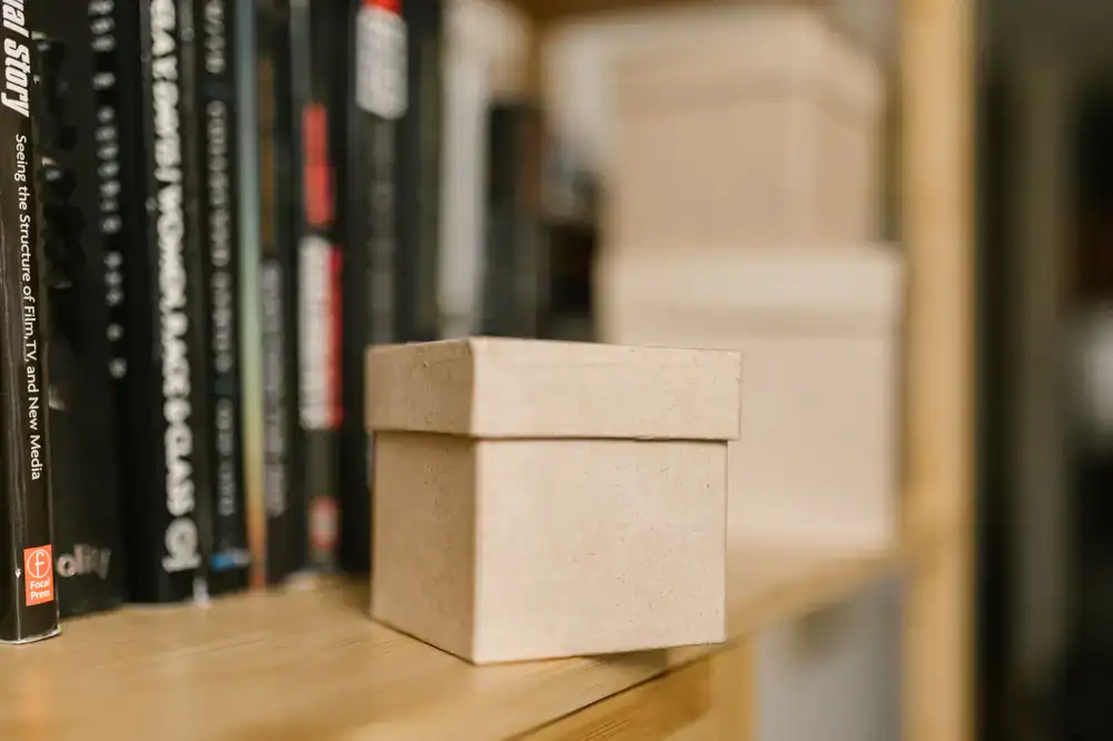 Blank cardboard hexes and wooden cubes arranged on a table